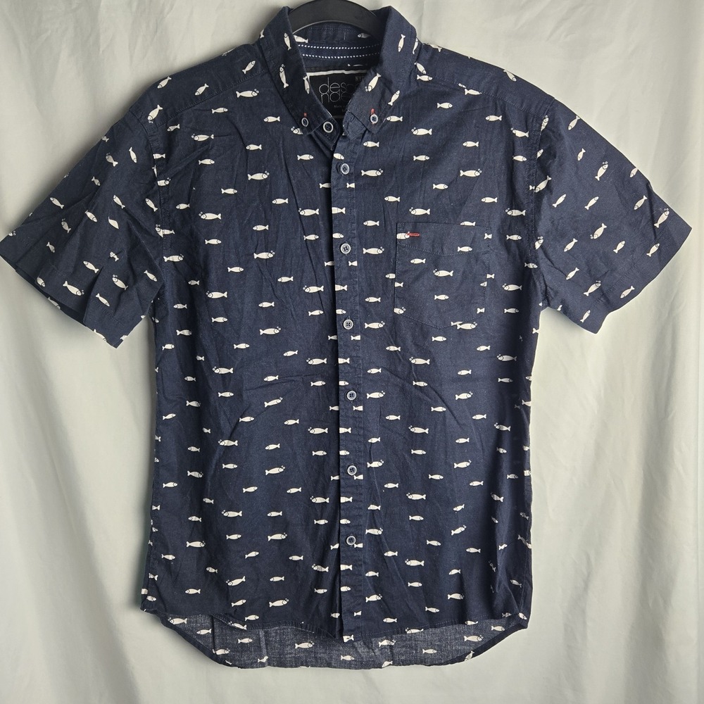 Descendent NYC Shirt Mens‎ Medium Blue Slim Fit Flex Short Sleeve Fish Print